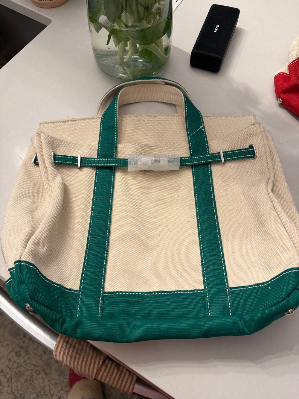 Cream and green "boatkin" viral tote bag